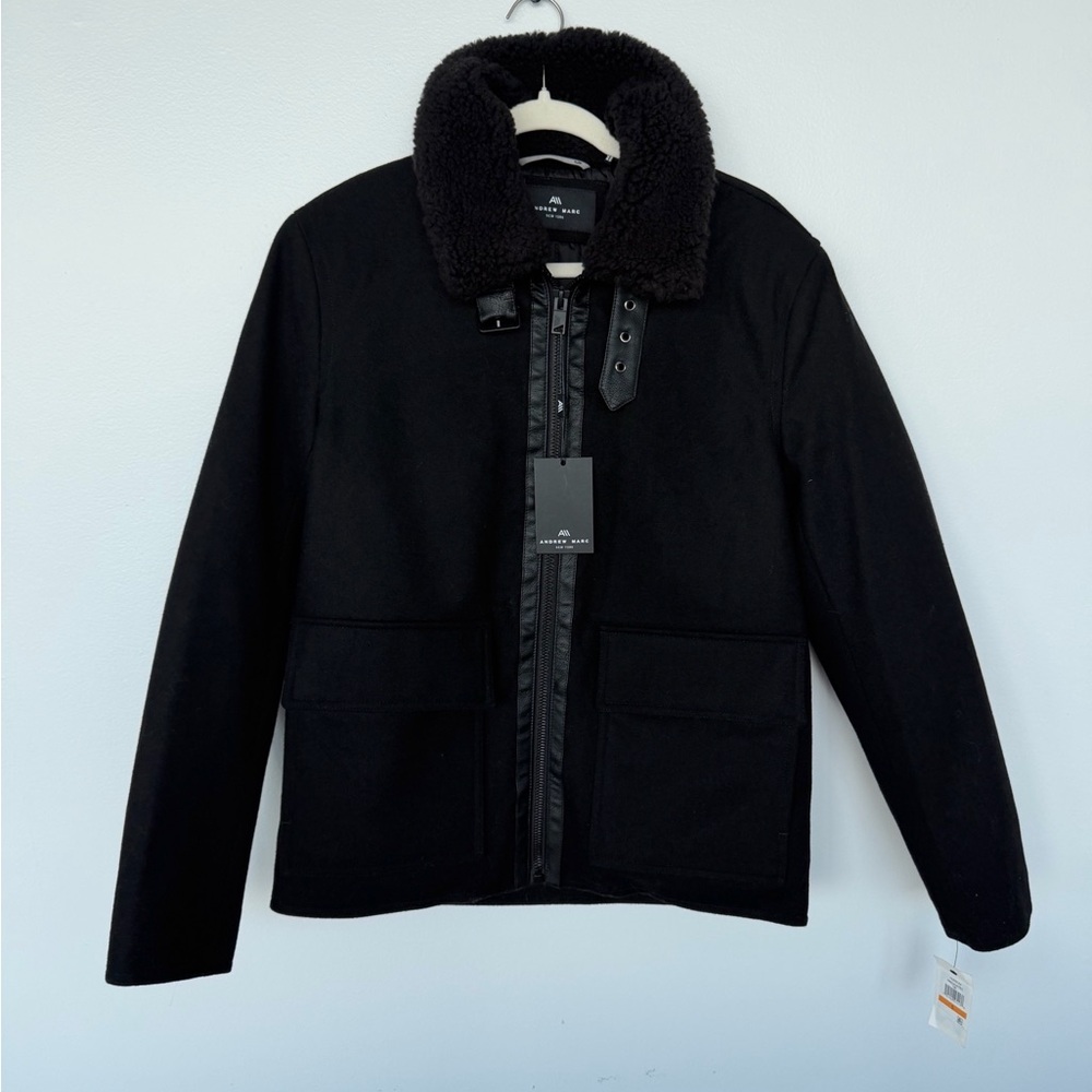 Andrew Marc New York Faux Shearling Jacket Black Belted Collar NWT Size Small